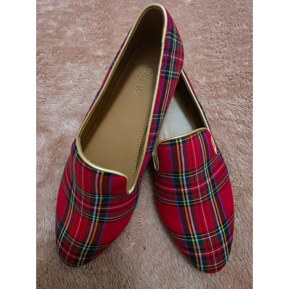 J.Crew Red Stewart Tartan Smoking Loafers Size 8